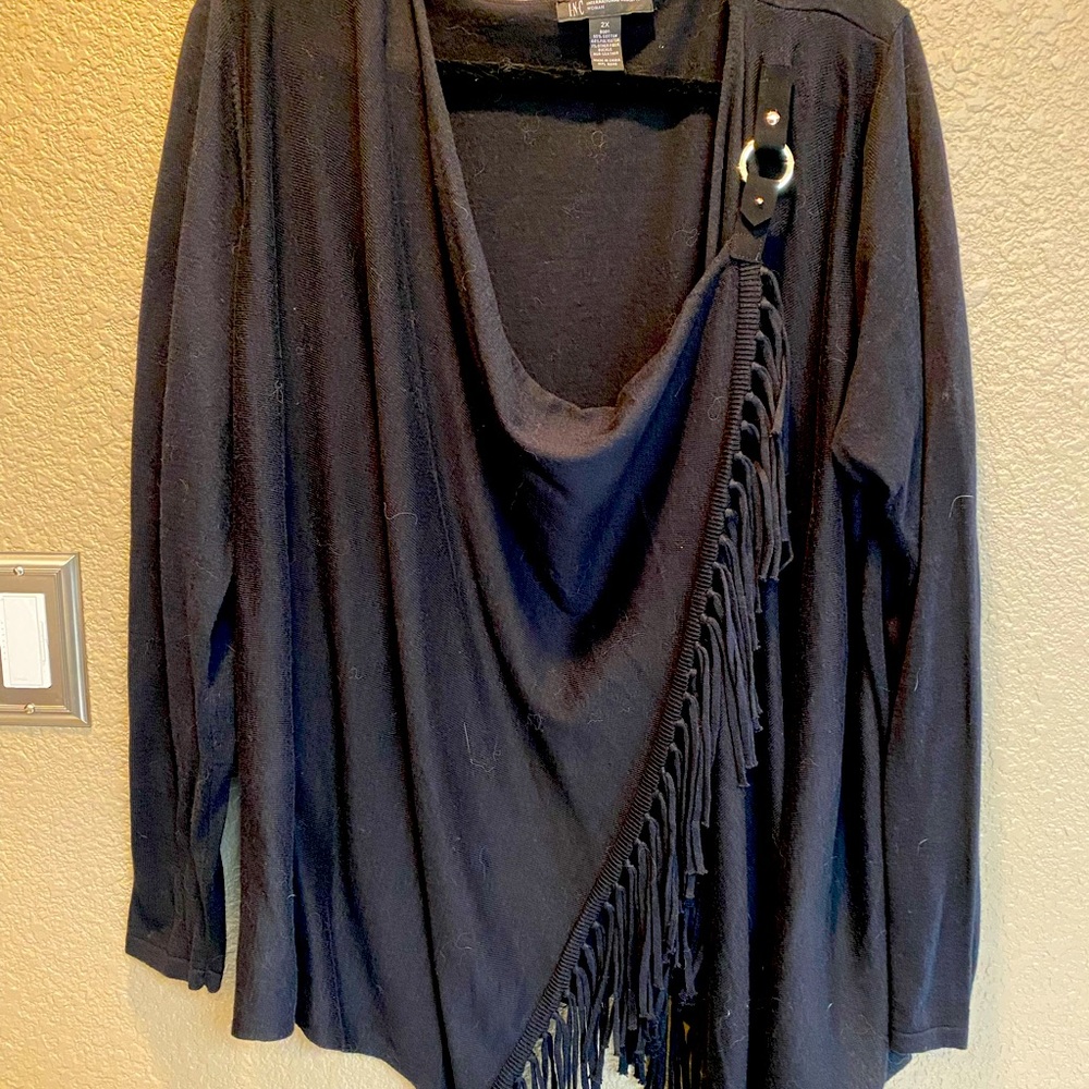 Black Asymmetrical Sweater with fringe and shoulder closure